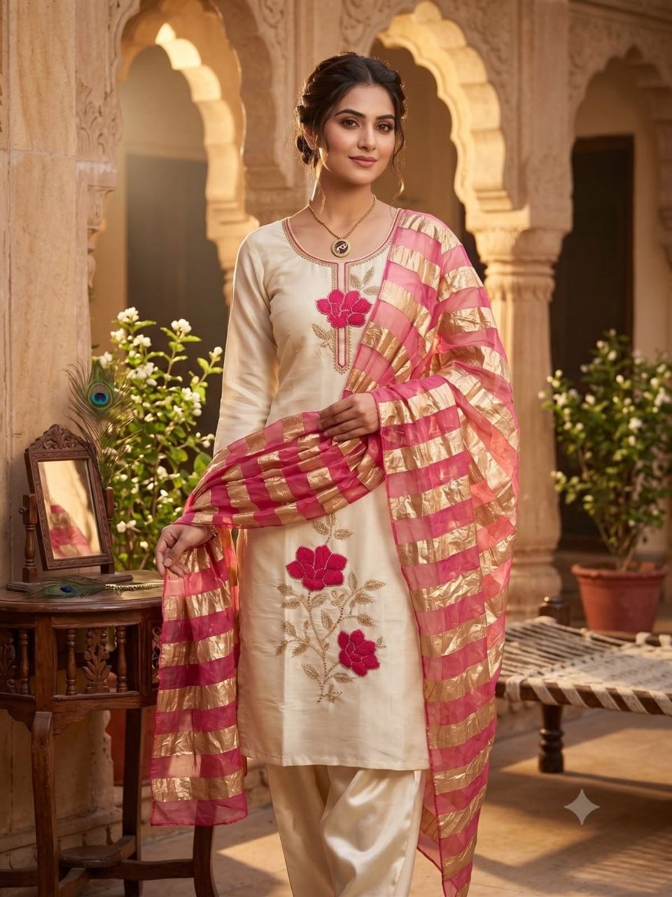 Cream Roman Silk Embroidered Kurta Pant Dupatta Set