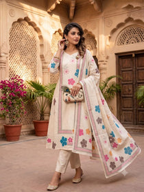 Cream Khadi Cotton Embroidered Kurta Set