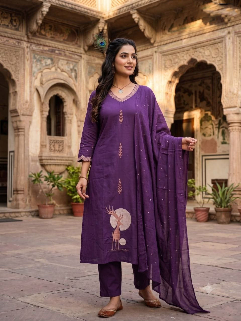 Purple Pure Cotton Embroidered A-Line Kurta Set