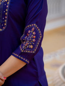 Rust Pure Viscose Mango Silk Embroidered Kurta Set