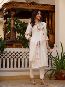 Rust Viscose Mango Silk Embroidered Kurta Set