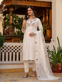 Rust Viscose Mango Silk Embroidered Kurta Set