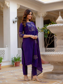 Rust Pure Viscose Mango Silk Embroidered Kurta Set