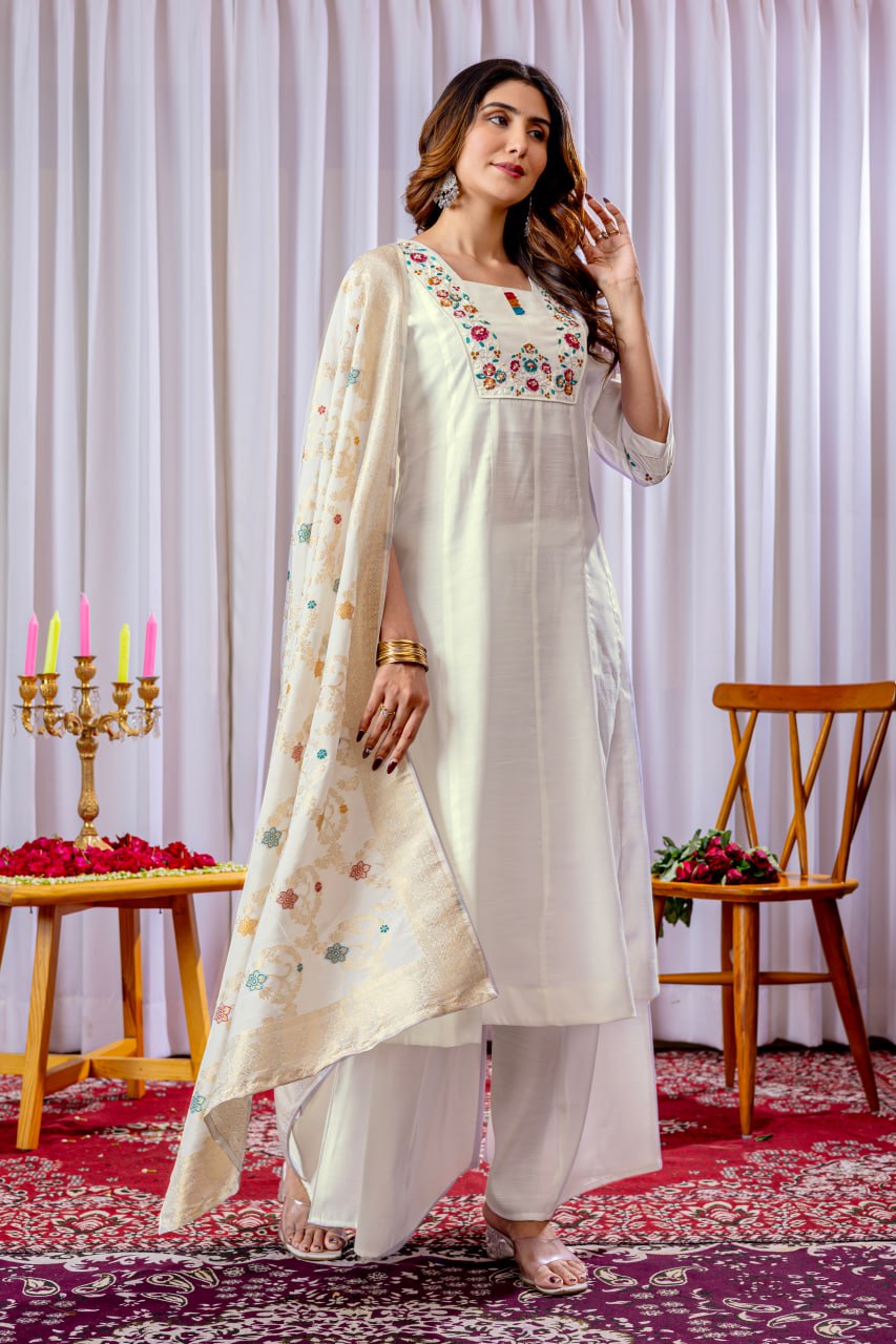 Off White Color Thread With Hand Work Palazo Suit