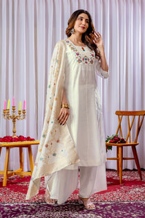 Off White Mango Silk Embroidered Kurta Palazzo Dupatta Set