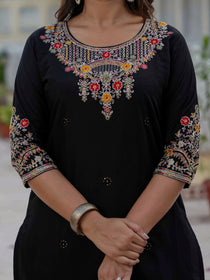 Black Premium Roman Silk Embroidered Kurta Pant Dupatta Set