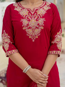 Maroon Premium Roman Silk Embroidered Kurta Pant Dupatta Set