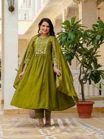 Mahendi Viscose Roman Silk Mirror Work Anarkali Suit Set