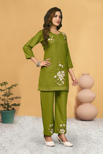 Green Heavy Viscose Rayon Embroidered Co-Ord Set