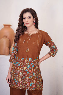 Brown Pure Cotton Kantha Work Co-ord Set