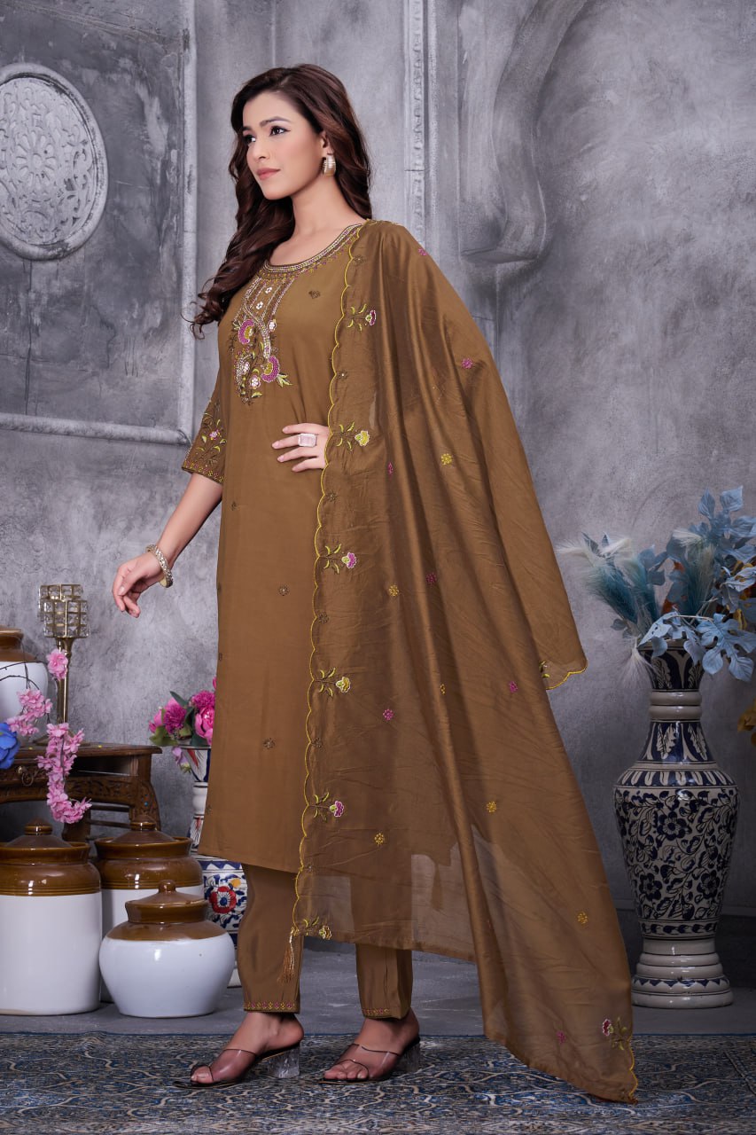 Multi Embroidery Roman Silk Kurti Pant Dupatta Set Secondary image