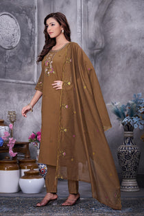 Brown Roman Silk Embroidered Kurta Pant Dupatta Set