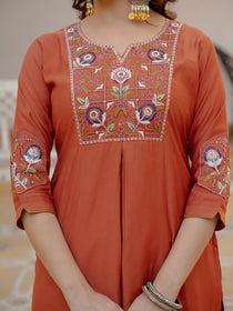 Rust Viscose Mango Silk Embroidered Kurta Set