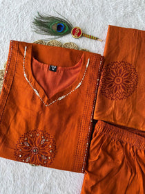 Orange Hand Block Print Kurta Set
