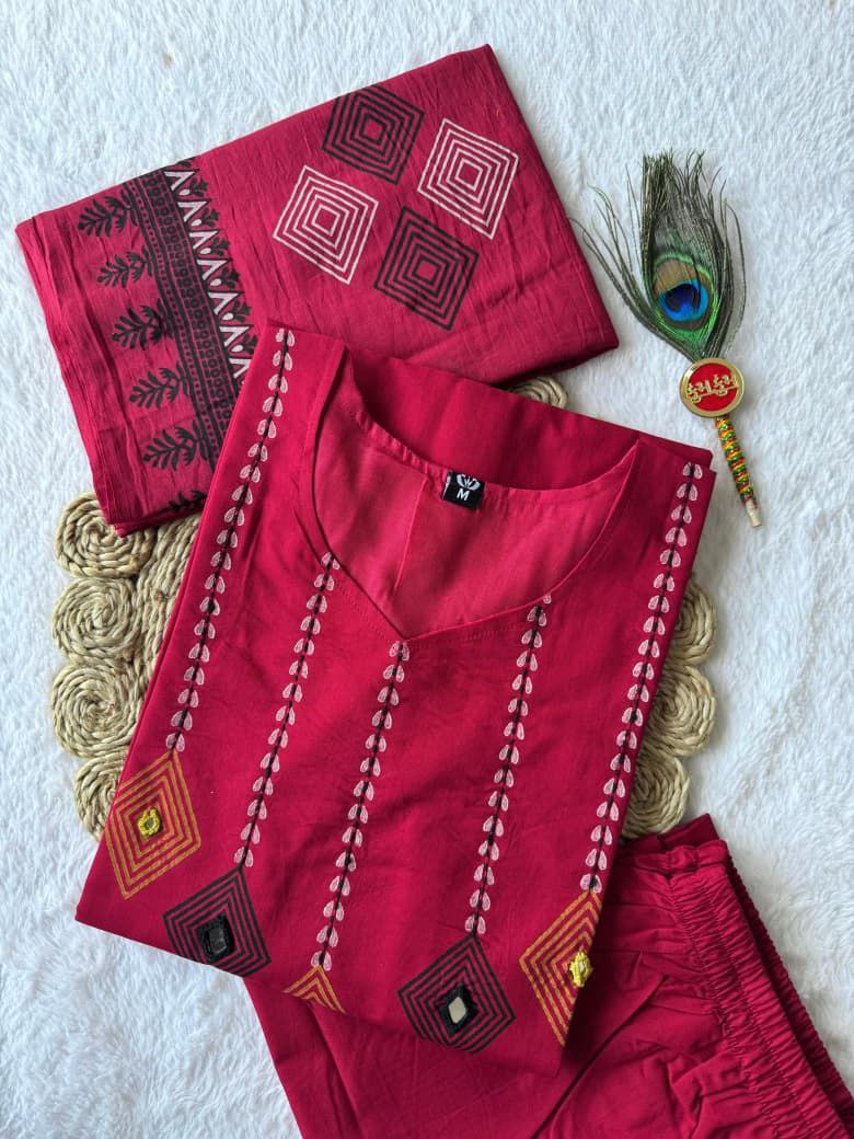 Cherry Pure Cotton Mirror Work Kurta Pant Dupatta Set