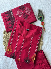 Cherry Pure Cotton Mirror Work Kurta Pant Dupatta Set