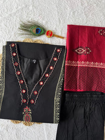 Black Cotton Mirror Work A-Line Kurta Pant Dupatta Set