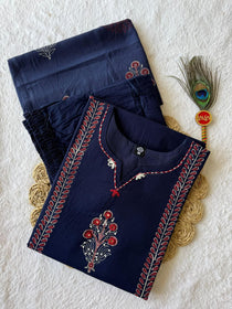 Pure Cotton Navy Blue Mirror Work Suit Set