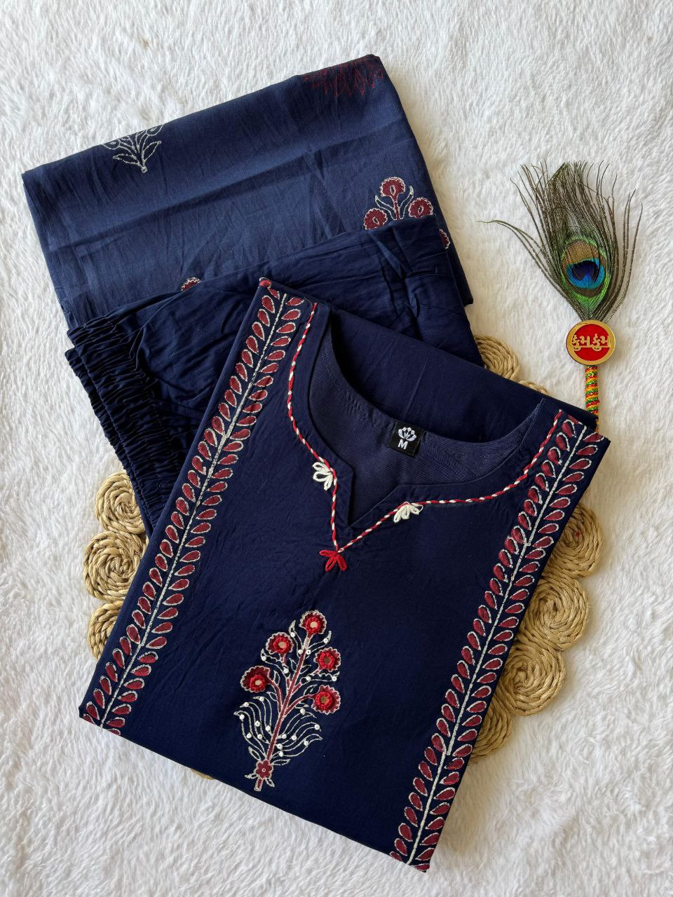 Pure Cotton Navy Blue Mirror Work Suit Set