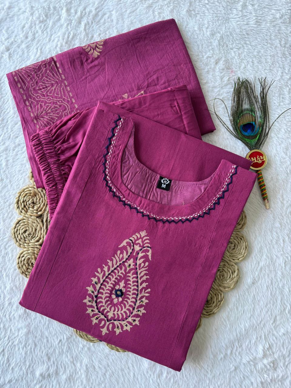 Rani Pink Color Pure Cotton Mirror Work Suit Set