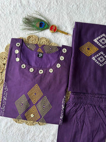 Purple Pure Cotton Mirror Work Kurta Pant Dupatta Set