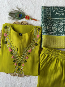 Parrot Green Roman Silk Hand Work Kurta Pant Dupatta Set