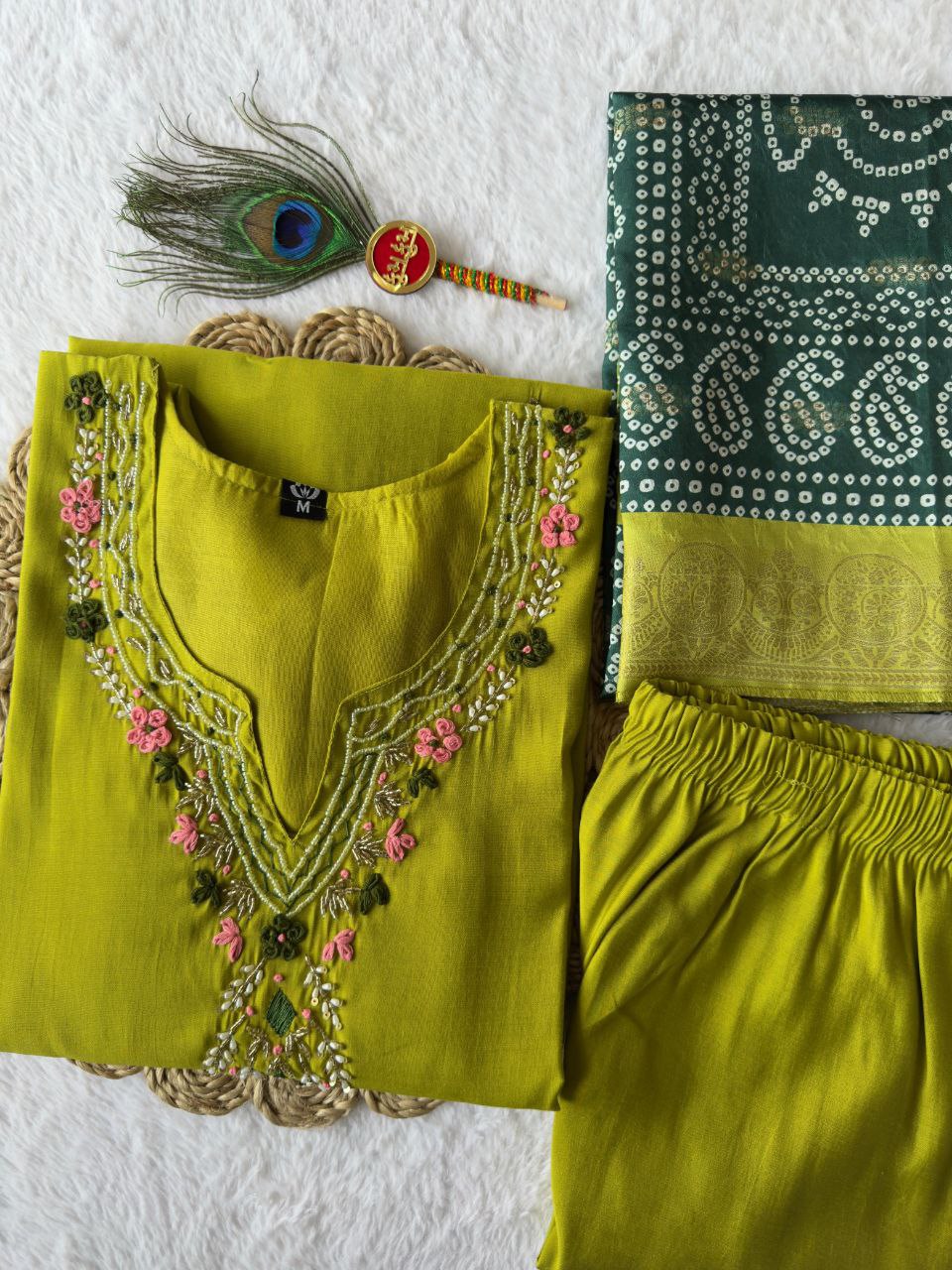 Parrot Green Roman Silk Handwork Suit Set