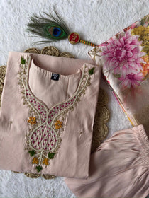 Light Peach Roman Silk Hand Work Kurta Pant Dupatta Set