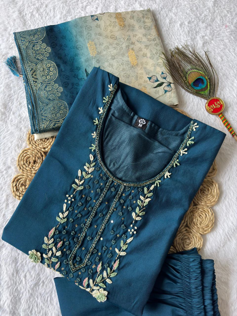 Morpich Roman Silk Hand Work Kurta Pant Dupatta Set
