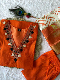 Orange Roman Silk Hand Work Kurta Pant Dupatta Set