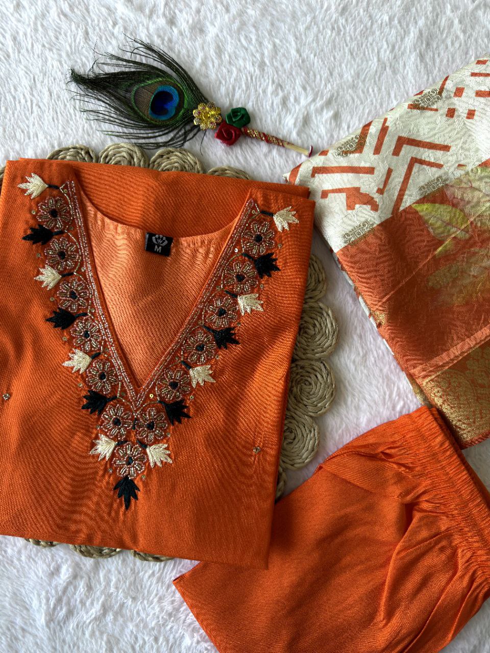 Orange Roman Silk Hand Work Kurta Pant Dupatta Set