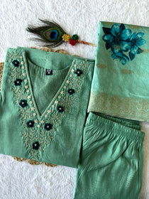 C-Green Roman Silk Hand Work Kurta Pant Dupatta Set
