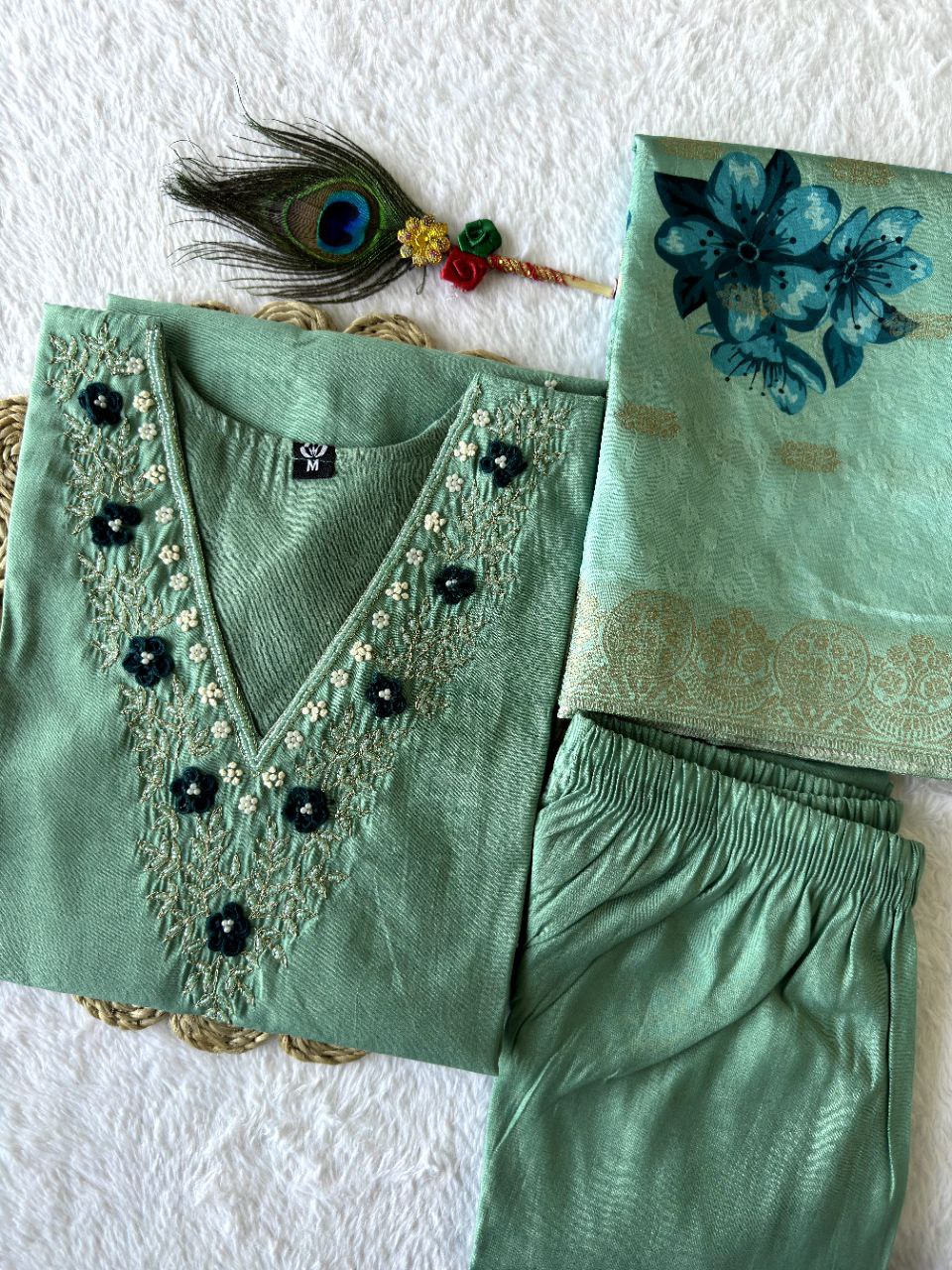 Marvelous Sea Green Handwork Suit Set