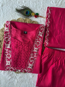 Pink Roman Silk Embroidered Kurta Pant Dupatta Set
