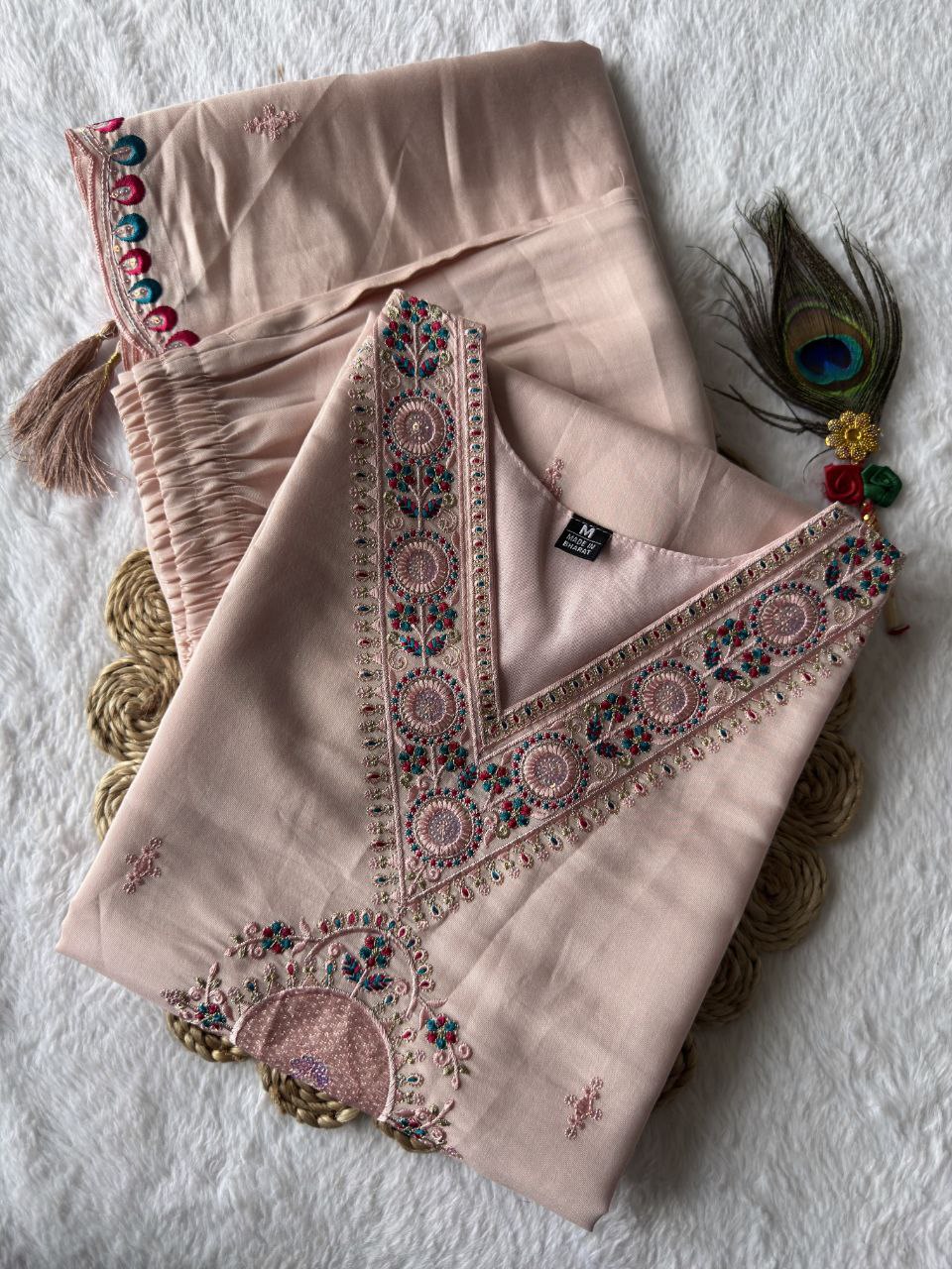 Light Peach Premium Roman Silk Embroidered Suit Set
