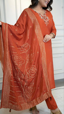 Rust Roman Silk Handwork Kurta Pant Set
