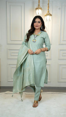 C Green Roman Silk Embroidered Kurta Set