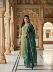 Pista Green Cotton Mirror Work Kurta Pant Dupatta Set