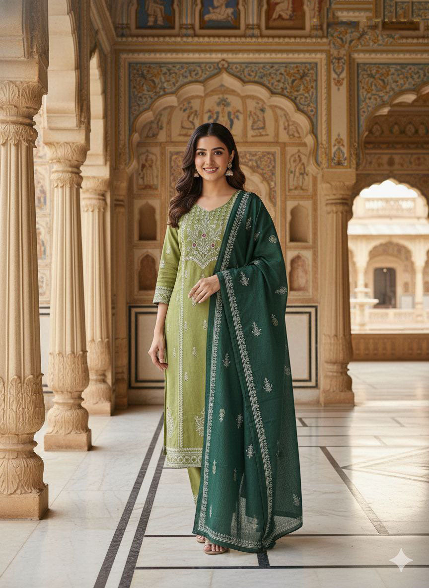Pista Green Cotton Mirror Work Kurta Pant Dupatta Set