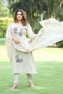 Cream Cotton Embroidered A-Line Kurta Pant Dupatta Set
