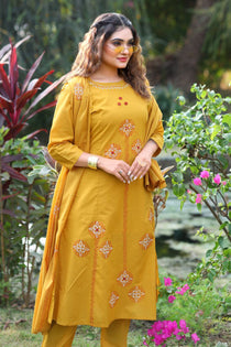 Mustard Pure Cotton Mirror Work A-Line Kurta Pant Dupatta Set