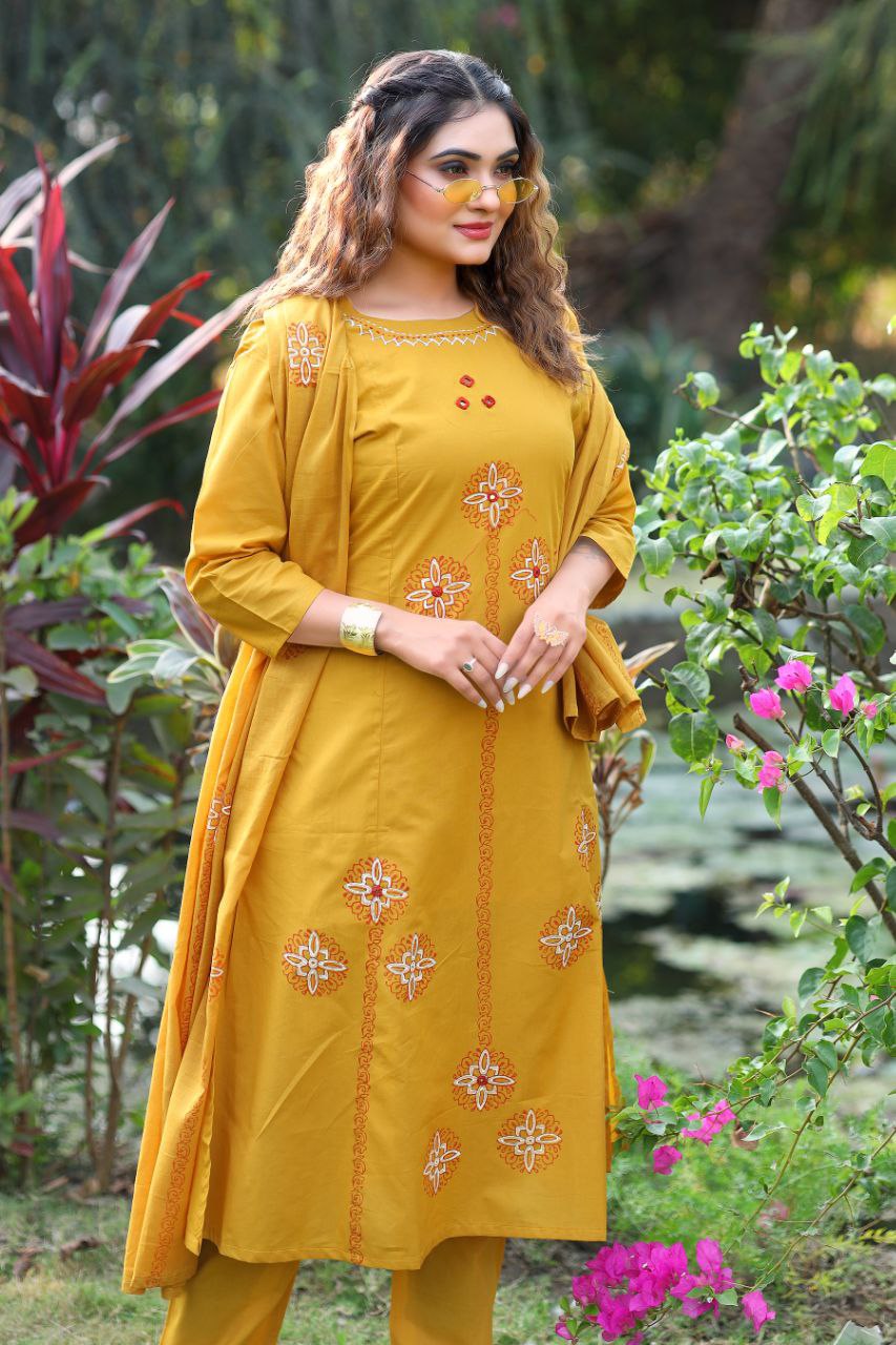 Mustard Pure Cotton Mirror Work A-Line Kurta Pant Dupatta Set