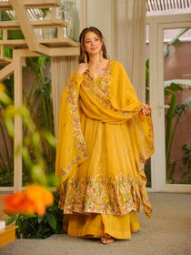 Beige Crunchy Silk Embroidered Gown Sharara Set