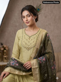 Olive Blossom Embroidered Kurta Set with Premium Floral Printed Dupatta