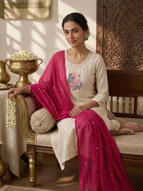 Cream Embroidered Khadi Cotton Kurta Set
