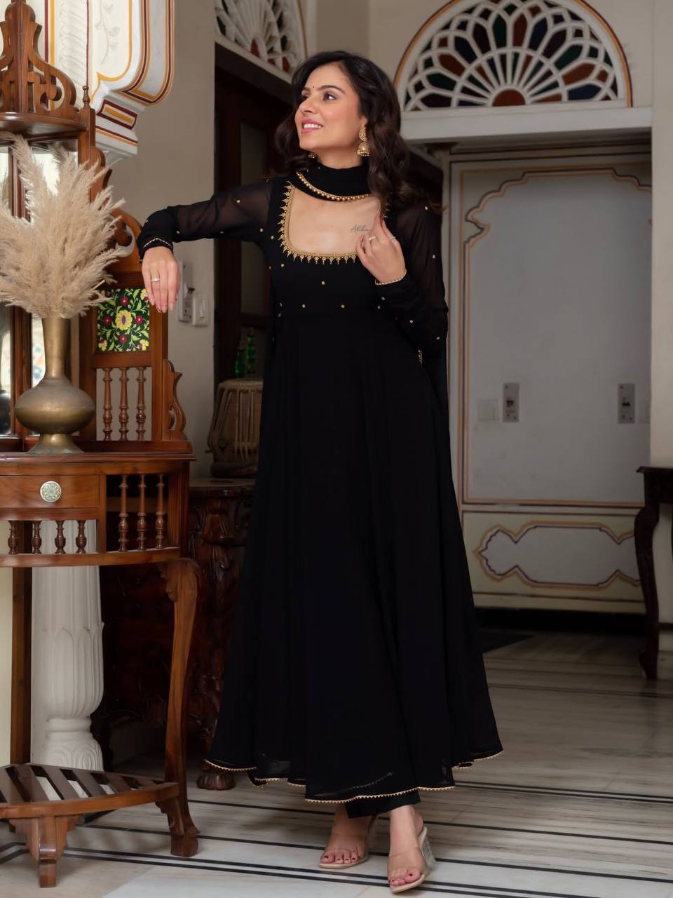 Designer Black Embroidered Kurta Pant Dupatta Set