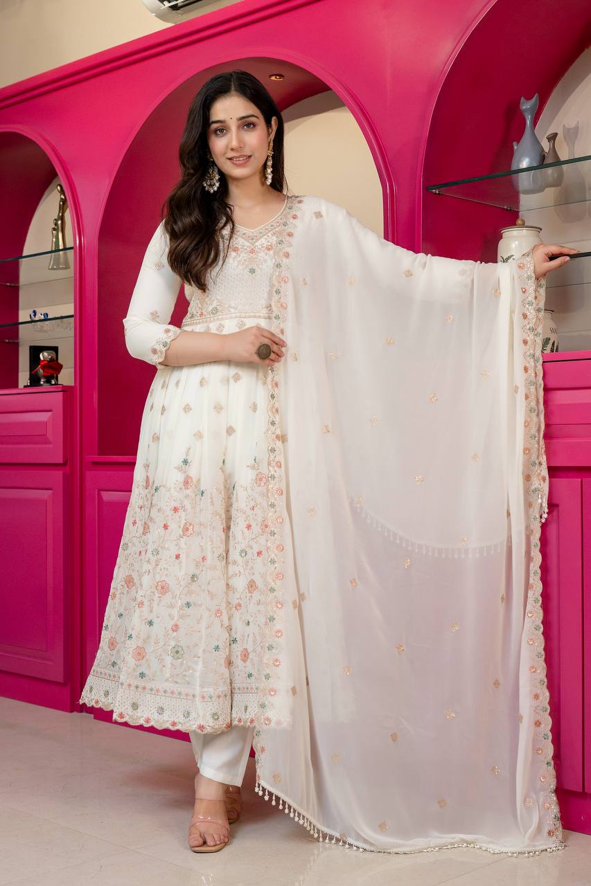 White Sequins Embroidered Kurta Sharara Set with Dupatta Secondary image