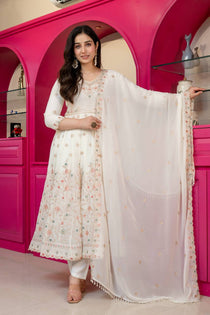 White Sequins Embroidered Kurta Sharara Set with Dupatta