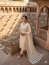 Heritage Bird Embroidered Kurta Set with Designer Printed Dupatta