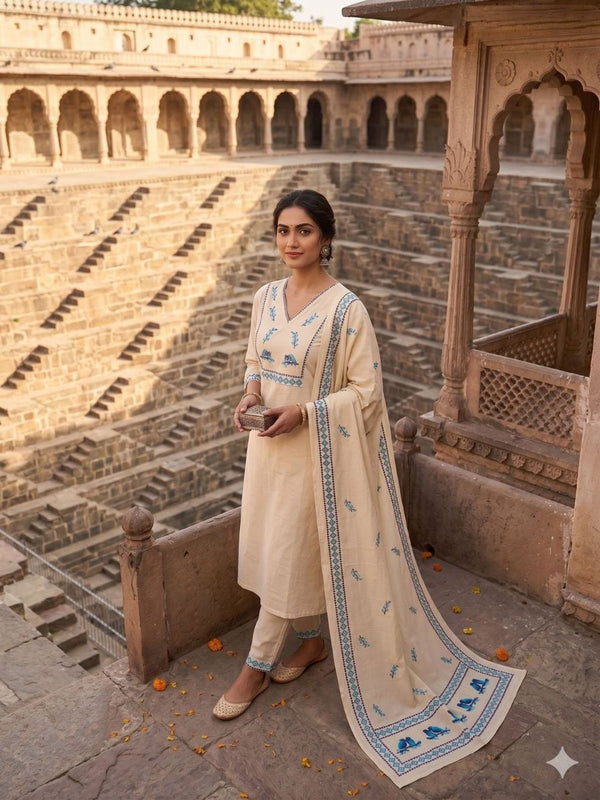 Heritage Bird Embroidered Kurta Set with Designer Printed Dupatta